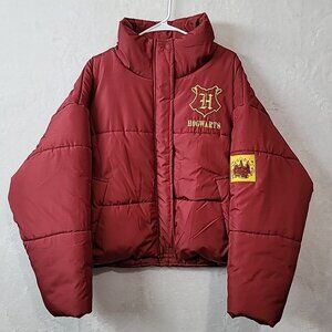 Harry Potter Wizarding World Hogwarts Women's LG Puffer Jacket Wine Gold NEW